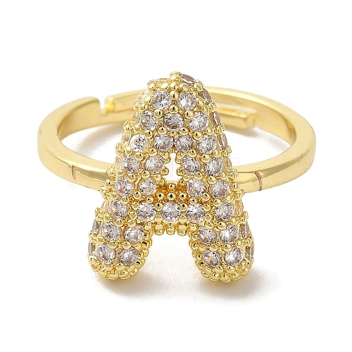 Rack Plating Letter Brass Micro Pave Clear Cubic Zirconia Adjustable Rings for Women KK-S391-03G-A-1