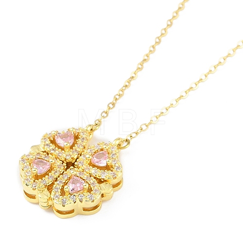 Brass Pave Cubic Zirconia Heart Clover Pendant Necklaces NJEW-K276-01G-02-1