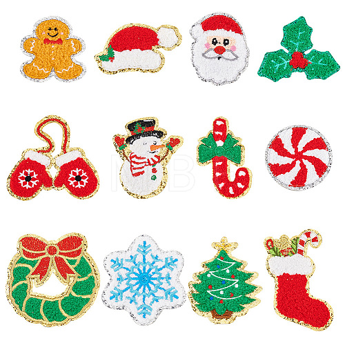 12Pcs 12 Style Christmas Theme Towel Embroidery Cloth Iron on/Sew on Patches PATC-FG0001-47-1