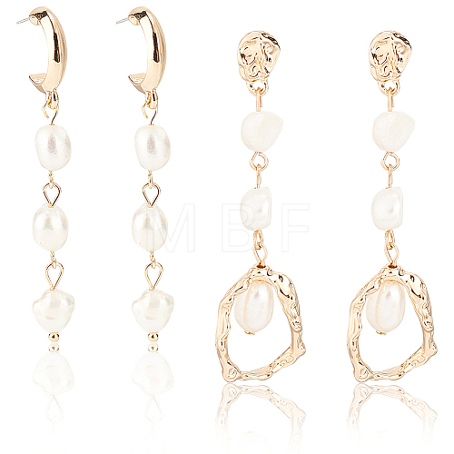 2 Pairs 2 Style Natural Pearl Beaded Dangle Stud Earrings EJEW-AN0002-66-1