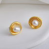 Flat Round Brass & Freshwater Pearl Stud Earrings for Women EJEW-G391-04MG-1
