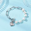 Electroplated Shell Pearl Beads & 304 Stainless Steel Paperclip Chains Beaded Bracelets for Women BJEW-JB12892-1