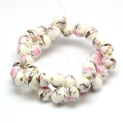 Handmade Flower Printed Porcelain Ceramic Beads Strands PORC-M007-10mm-06-1