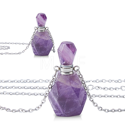 Natural Amethyst Faceted Perfume Bottle Pendant 304 Stainless Steel Cable Chain Necklaces NJEW-WH0002-268B-1