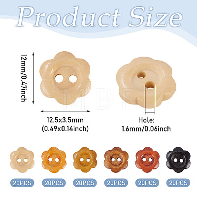 120Pcs 6 Colors 2-Hole Wood Flower Buttons BUTT-TA0001-40A-1