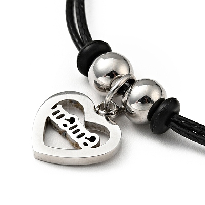 304 Stainless Steel Heart with Word Mama Charm Bracelet with Waxed Cord for Mother's Day BJEW-A125-24-1