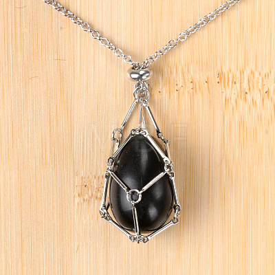 Natural Obsidian Easter Egg Cage Pendant 304 Stainless Steel Cable Chain Necklaces FS-WGA333C-09-1