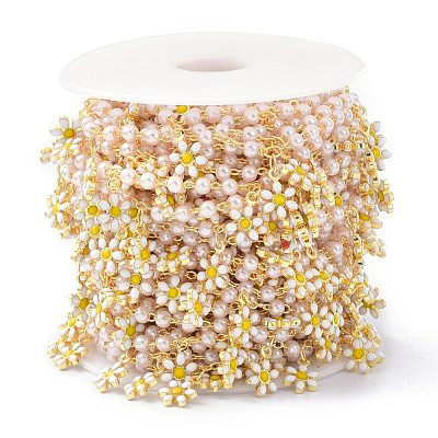 Flower Enamel & Brass & ABS Imitation Pearl Handmade Beaded Chains CHC-D029-39G-1