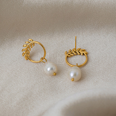 304 Stainless Steel with Freshwater Pearl Stud Dangle Earrings BO9211-1