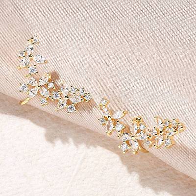 Flower Brass Micro Pave Clear Cubic Zirconia Cuff Earrings EJEW-K305-03G-1