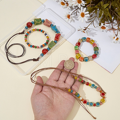 2Pcs Handmade Porcelain Beads Stretch Bracelets for Women SJEW-BM0001-02-1