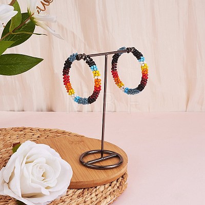 Boho Glass Seed Beaded Big Huggie Hoop Earrings for Women EJEW-SW00003-1