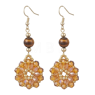 Flower Glass Seed Beads & Natural Tiger Eye Dangle Earrings EJEW-MZ00697-03-1