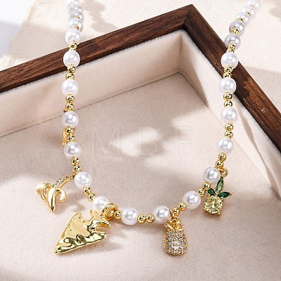 Brass Micro Pave Clear Cubic Zirconia Beaded Necklaces NJEW-Z059-05G-1