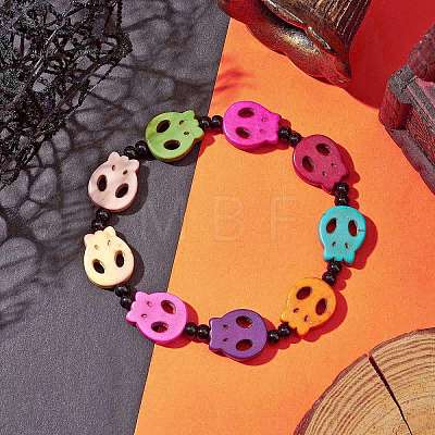 Dyed Synthetic Turquoise Halloween Skull Beaded Stretch Bracelets BJEW-TA00477-1