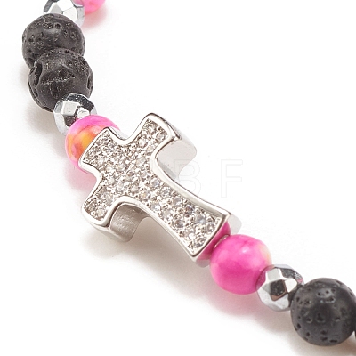 Natural & Synthetic Mixed Gemstone Beaded Stretch Bracelet with Clear Cubic Zirconia Cross for Women BJEW-JB08247-04-1