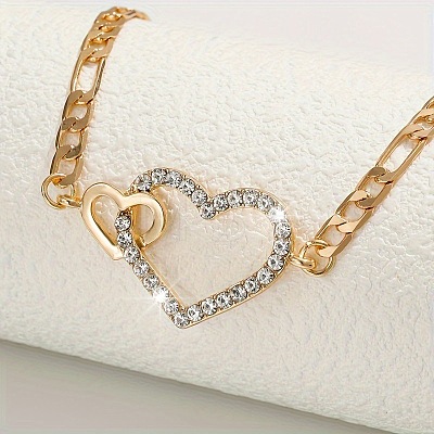 Alloy Crystal Rhinestone Double Heart Link Chain Necklaces for Women FS-WGE7D15-01-1