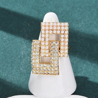 Adjustable Brass Micro Pave Clear Cubic Zirconia with ABS Plastic Pearl Cuff Rings RJEW-G368-02G-1