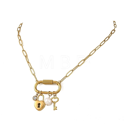 304 Stainless Steel Key & Lock Pendant Paperclip Chain Necklaces with Natural Freshwater Pearl and Screw Clasps NJEW-JN06493-1