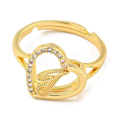 Heart with Letter Rack Plating Brass Micro Pave Cubic Zirconia Adjustable Rings for Women RJEW-I105-06G-T-1