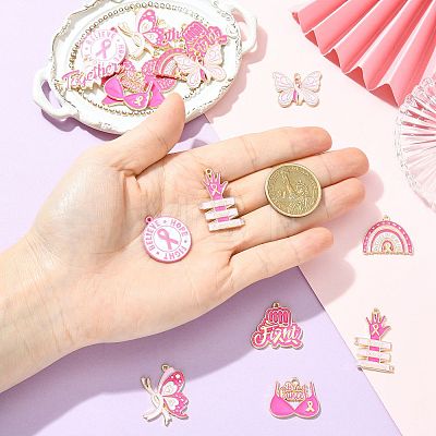 18Pcs 9 Styles Breast Cancer Awareness Ribbon Zinc Alloy Enamel Pendants ENAM-FS0004-45-1