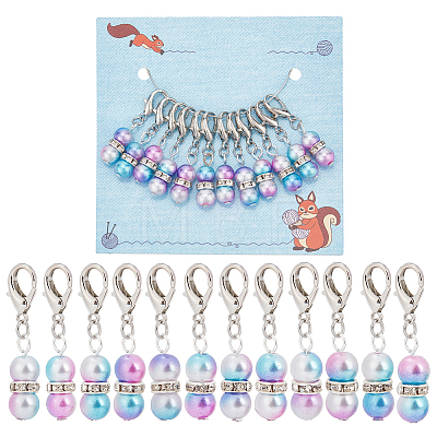 12Pcs Round Rainbow ABS Plastic Imitation Pearl Pendant Stitch Markers HJEW-NB00013-1