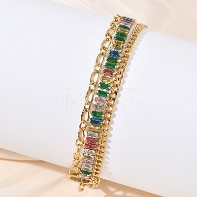 304 Stainless Steel & Glass Double Layers Chain Bracelets for Women BJEW-F540-10G-04-1