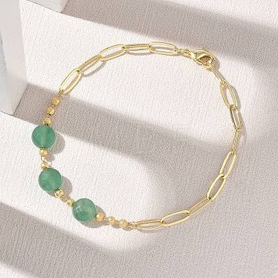Natural Green Aventurine Faceted Flat Round Beaded Brass Paperclip Chain Bracelets GG-CBA37F5-02G-01-1