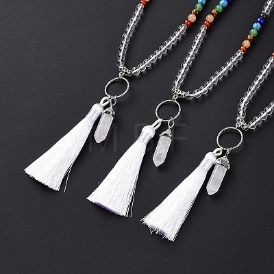 Natural Quartz Crystal Bullet & Tassel Pendant Necklace with Mixed Gemstone Beaded Chains NJEW-E585-02G-1