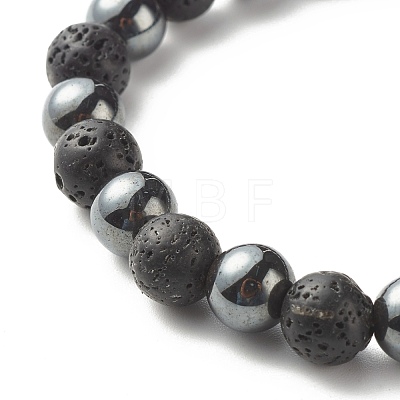 Natural Lava Rock & Non-magnetic Synthetic Hematite Round Beads Energy Power Stretch Bracelets Sett BJEW-JB07051-04-1