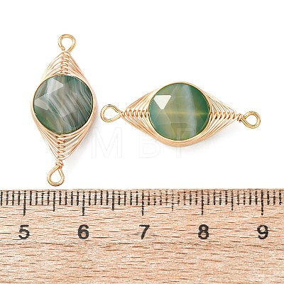 Dyed Natural Green Agate Faceted Hexagonal Cut Flat Round Links Connector Charms with Copper Herringbone Wire-Wrapped KK-Z152-07G-07-1