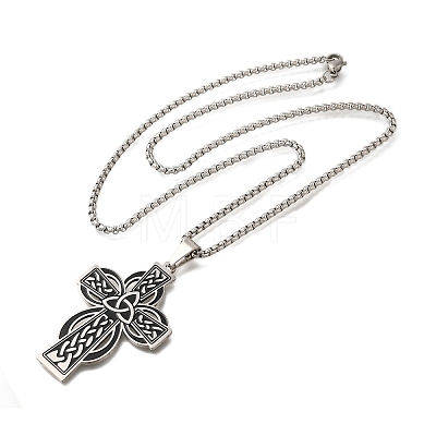 Viking 304 Stainless Steel Black Enamel Box Chain Trinity Knot Cross Pendant Necklaces for Men NJEW-S003-07P-1