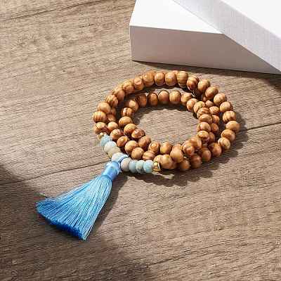 Natural Flower Amazonite & Wood Round Beaded Wrap Bracelet BJEW-JB08092-1