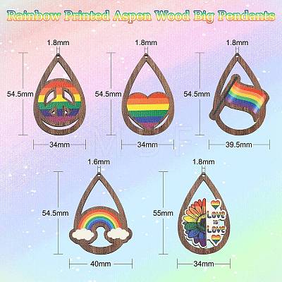 40Pcs 5 Styles Rainbow Printed Aspen Wood Big Pendants WOOD-CJ0001-69-1