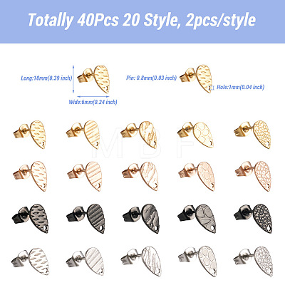  Jewelry 40Pcs 20 Style 304 Stainless Steel Stud Earring Findings STAS-PJ0001-23-1