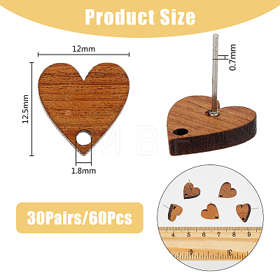 SUPERFINDINGS 20Pcs Heart Shape Wood Stud Earring Finding FIND-FH0008-48-1