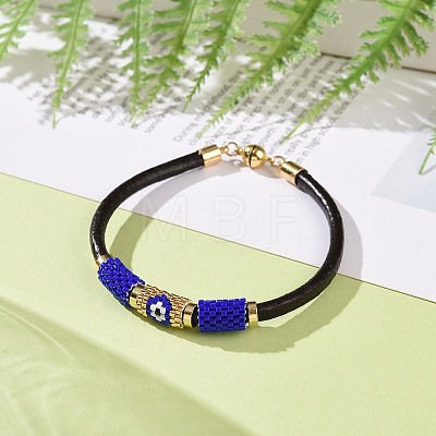 Japanese Seed Column with Evil Eye Beaded Bracelet with Cowhide Cords for Women BJEW-JB09078-01-1