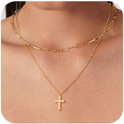 2Pcs Cross Stainless Steel Pendant Double Layer Necklaces for Women FS-WG7D720-04-1