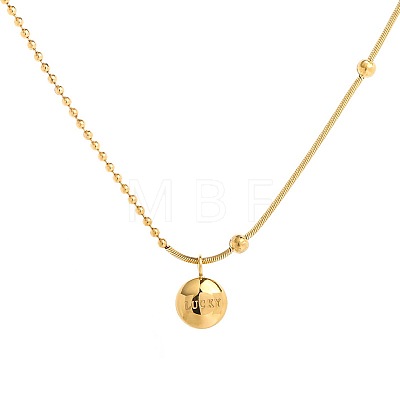 304 Stainless Steel Flat Round with Word Lucky Pendant Mixed Chain Necklaces for Women WG3BBCE-01-1