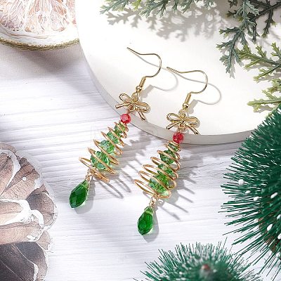 Christmas Tree with Bowknot Brass Wired Glass Dangle Earrings EJEW-JE06125-1