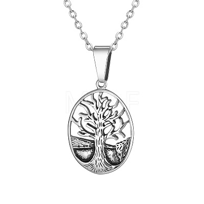Vintage 304 Stainless Steel Hollow Oval with Tree of Life Pendant Necklaces WG4D9D4-01-1