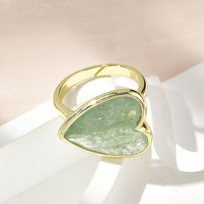 Heart Brass Natural Green Strawberry Quartz  Finger Rings RJEW-D304-01G-C-1