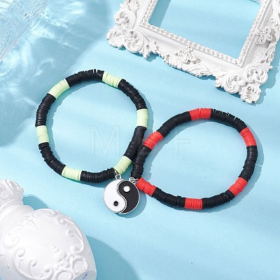 2Pcs 2 Colors Handmade Polymer Clay Beaded Stretch Bracelet Sets BJEW-JB10825-1