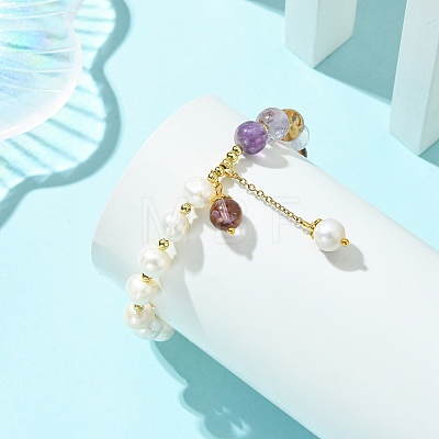 Round Natural Lodolite Quartz & Cultured Freshwater Pearl Beaded Charm Bracelets BJEW-JB14061-03-1