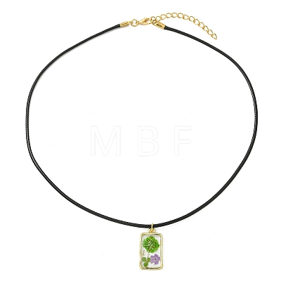 Transparent Resin Rectangle with Dried Flower Inner Pendant Black Waxed Cord Necklaces NJEW-JN06333-1
