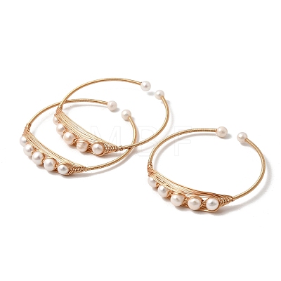 Brass Wire Wrapped Natural Pearl Open Cuff Bangles for Women BJEW-D453-03G-1