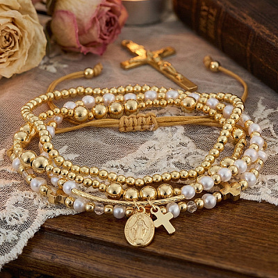 4Pcs Adjustable Plastic Imitation Pearl Beaded Braided Bracelet Sets CF9382-3-1