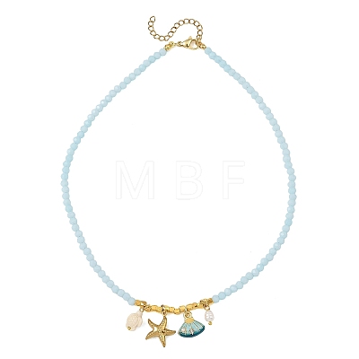 Ocean 304 Stainless Steel and Alloy Enamel Starfish Shell Shape Pendant Glass Beaded Necklaces for Women NJEW-JN06386-1
