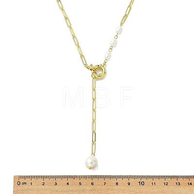 Natural Baroque Keshi Pearl Oval Tassel Brass Paperclip Chain Lariat Necklaces for Women NJEW-JN06009-1