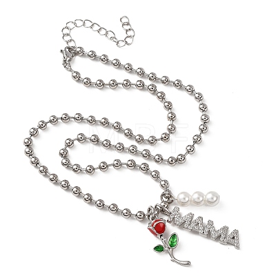 Mother's Day Brass Micro Pave Clear Cubic Zirconia Enamel Red Rose Flower Mama Pendant Necklaces for Women NJEW-A071-02P-1
